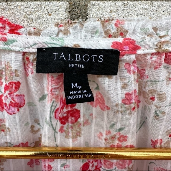 Talbots Petite Ruffle Pintuck Blouse MP White Pink Floral Cotton Cottagecore - Picture 6 of 10